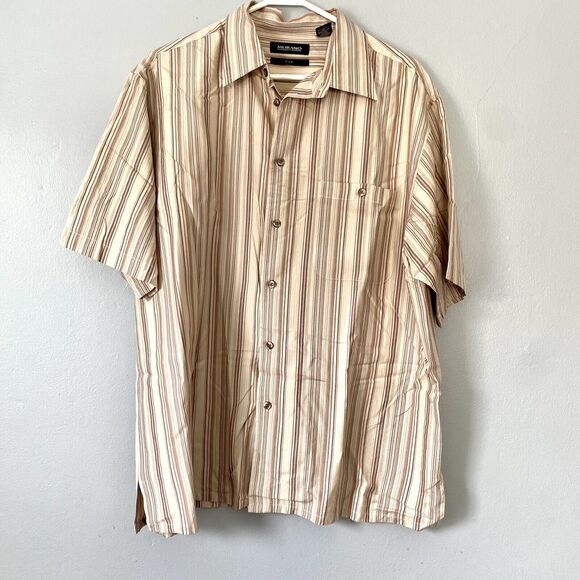 Murano Shirt Size Large Brown Tan Striped Short Sleeve Camp 100% Silk Button Up - Picture 1 of 7